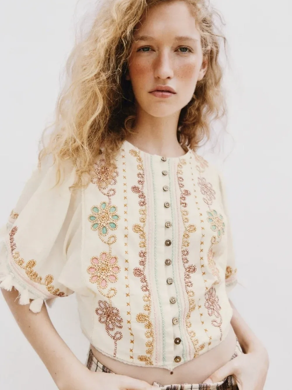 Zara Cream Embroidered Puff-Sleeve Blouse